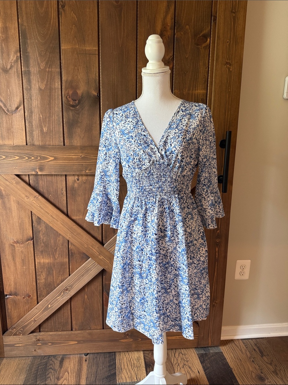 Light Blue Floral V-Neck Smocked Midi Dress